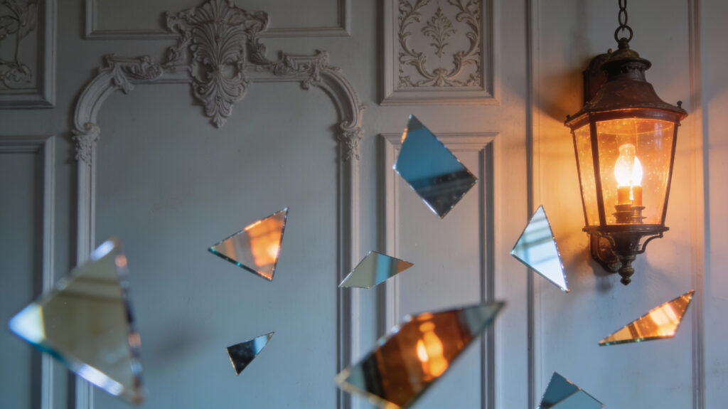 Specchi frammentati sospesi davanti a una lampada a gas, rappresentazione visiva del gaslighting e della frammentazione dell'identità